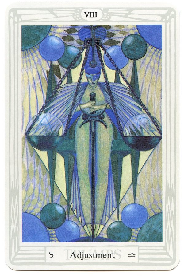 Adjustment, Thoth Tarot. A masked figure, Maat and Themis, balances on tiptoe with a great sword held point-down; the scales hang from her crown with the spheres alpha and omega, and she stands within a diamond of lozenges that echoes the balance. Every element in the picture is poised.