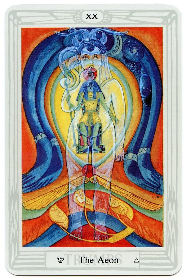 The Aeon, Thoth Tarot. Nuit arches across the top of the card, her body a sky of stars; at her feet burns Hadit, the winged globe. Ra-Hoor-Khuit, the hawk-headed lord, sits enthroned in the centre, and before him stands the transparent child Hoor-paar-kraat with finger to lips. At the bottom the letter Shin holds three flame-figures.