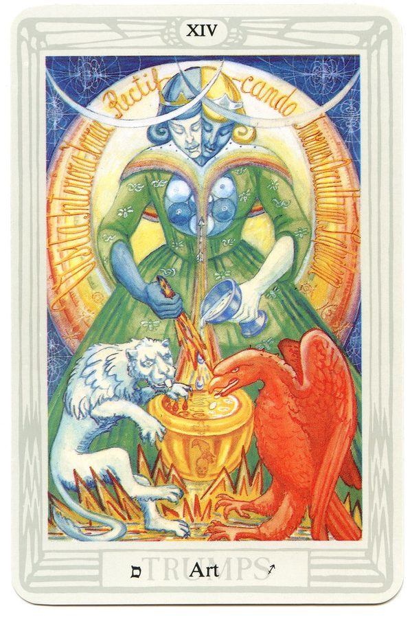 Art, Thoth Tarot. A single figure with two heads, the fused king and queen of the Lovers, pours fire and water together into a golden cauldron; a lion and an eagle, their colours now exchanged, stand at her feet, a raven perches on a skull, and an arrow of light rises through a rainbow. Around the figure runs the alchemical formula VITRIOL.