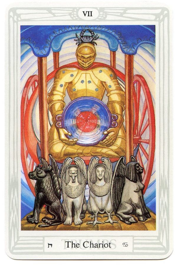 The Chariot, Thoth Tarot. A charioteer in amber armour sits motionless within a canopy of stars, holding the Holy Grail, a disk of radiant blood. Four sphinxes, each combining the kerubic beasts, draw the chariot; a crab, the sign of Cancer, is his crest; ten stars stud the canopy.