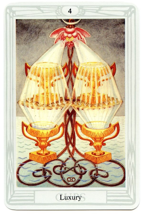 Four of Cups (Luxury), Thoth Tarot. Four cups receive the flow of a lotus, but the lower cups only fill because the upper ones overflow; the sea beneath has begun to stir.