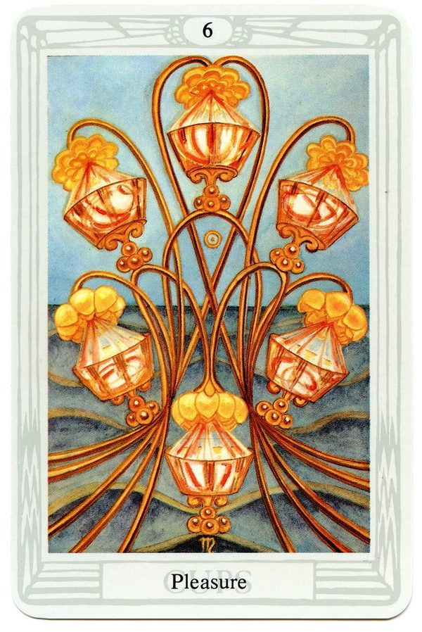 Six of Cups (Pleasure), Thoth Tarot. Six cups on lotus stems are arranged in a hexagon and overflow steadily; the sea is calm and the light is golden.