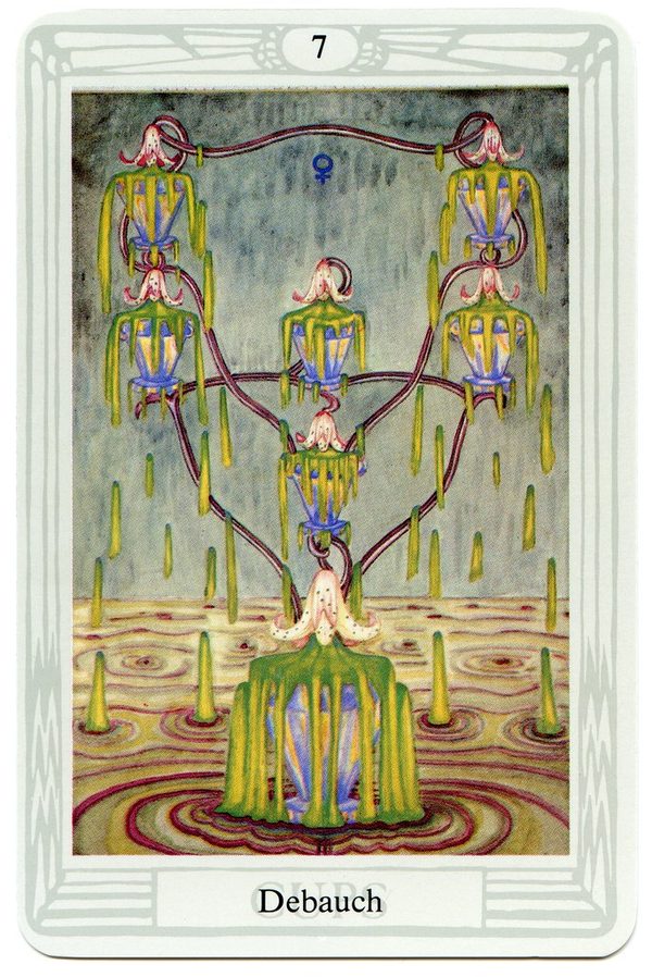 Seven of Cups (Debauch), Thoth Tarot. Seven cups overflow with a green, poisonous slime; the lotuses above have gone rotten and the sea is a swamp.