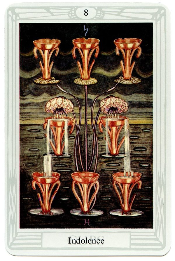Eight of Cups (Indolence), Thoth Tarot. Eight cups stand on a stagnant pool under a dull sky; the lotus flow has thinned to a trickle and some of the cups are broken.