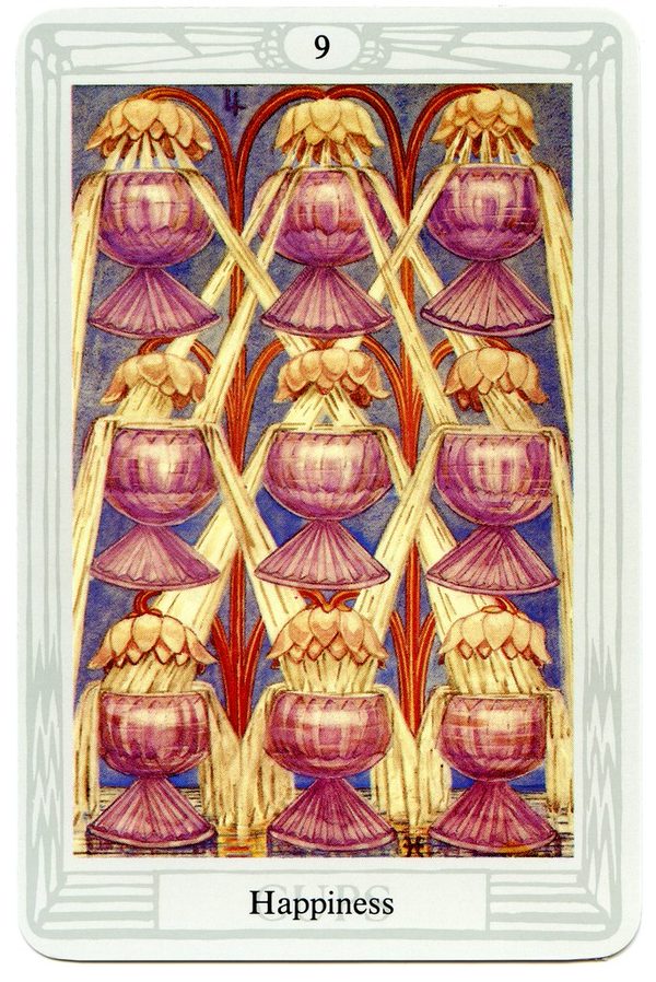 Nine of Cups (Happiness), Thoth Tarot. Nine cups arranged in a square of three by three overflow in ordered streams; the sea is full and the light is warm.
