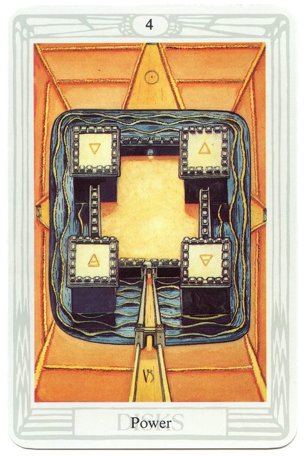 Four of Disks (Power), Thoth Tarot. A square fortress seen from above, with four towers bearing the elemental symbols, a moat and a well-defended gate.