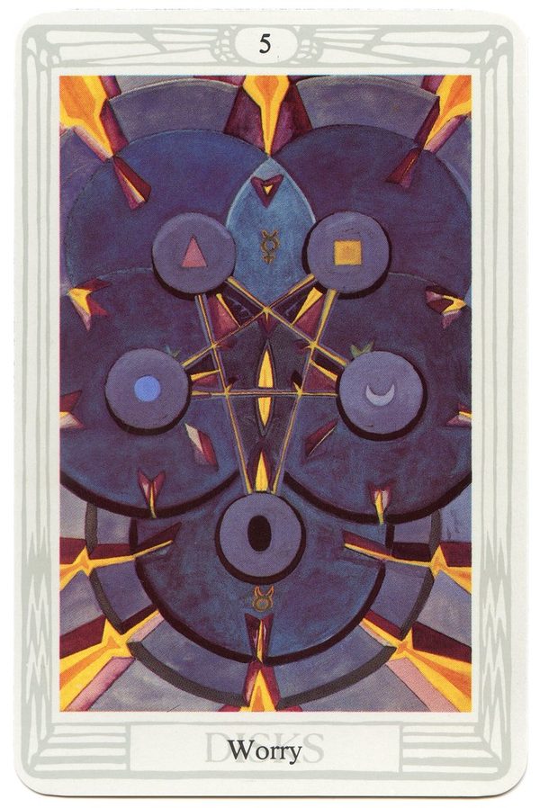 Five of Disks (Worry), Thoth Tarot. Five disks bearing the Hindu tattva symbols are strained into an inverted pentagram against a heavy, dark background.