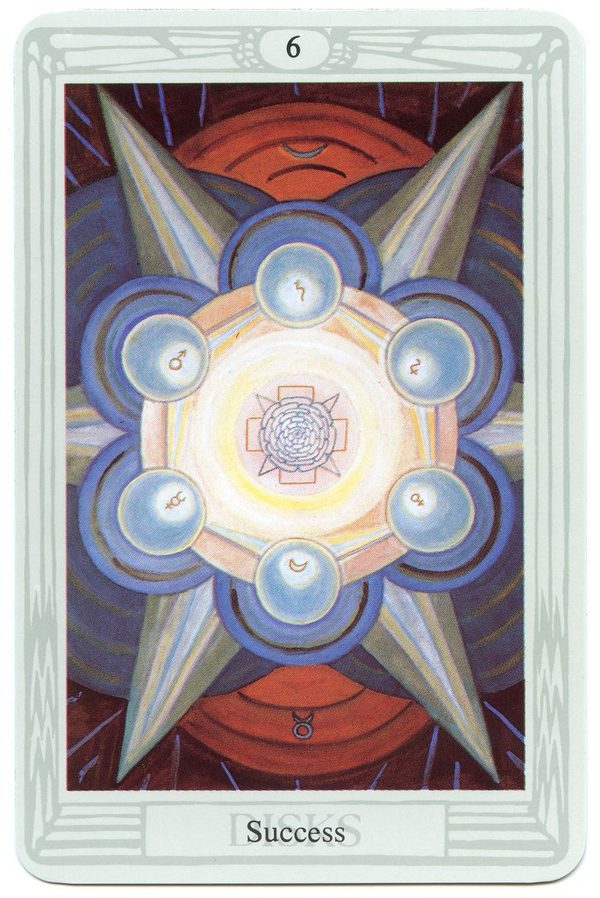 Six of Disks (Success), Thoth Tarot. Six disks bearing the planets are arranged in a hexagram around a rose-cross; the whole is balanced and radiant.
