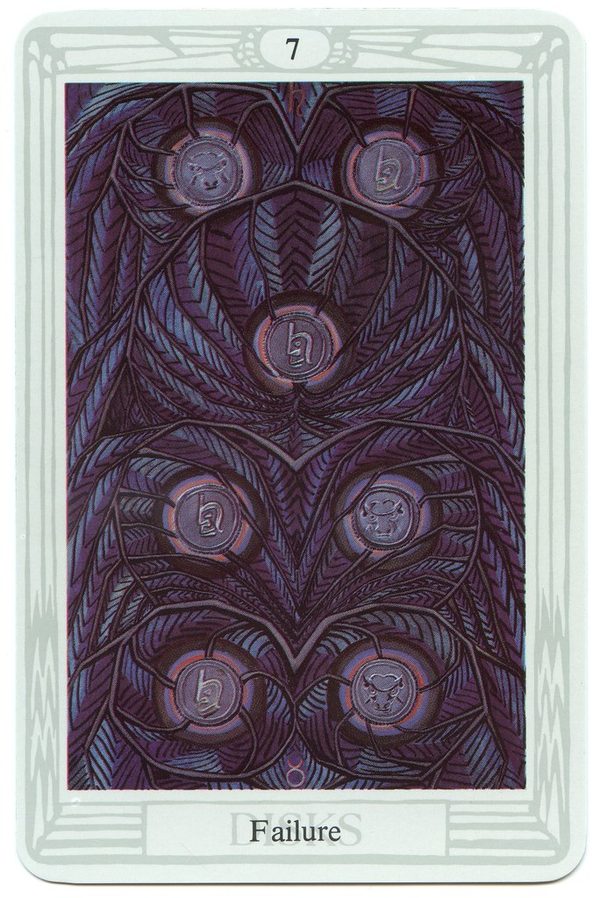 Seven of Disks (Failure), Thoth Tarot. Seven disks like leaden coins hang on a dead and blighted plant against a dark ground.