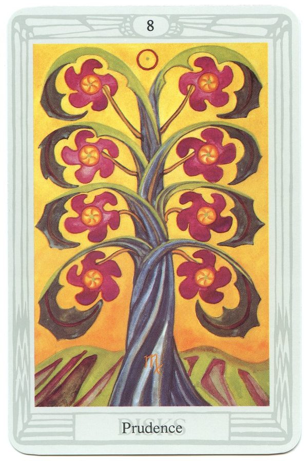 Eight of Disks (Prudence), Thoth Tarot. A tree bears eight disks as flowers and fruit in a well-tended field; the sky is calm and the growth is ordered.