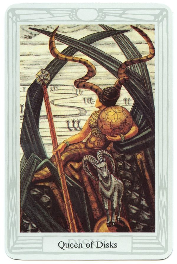 Queen of Disks, Thoth Tarot. A crowned woman with the horns of a goat as her crest sits on a throne of pineapples in a desert, looking back at a river and an oasis; a goat stands beside her and she holds a sceptre topped with a cube.