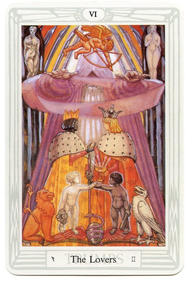The Lovers, Thoth Tarot. A hooded hermit-priest with outstretched arms marries a dark king and a fair queen; a red lion and a white eagle stand with them; a dark and a fair child (Cain and Abel) and the figures of Eve and Lilith attend; the Orphic egg wrapped in a serpent rests below, and a blindfolded Cupid draws his bow above.