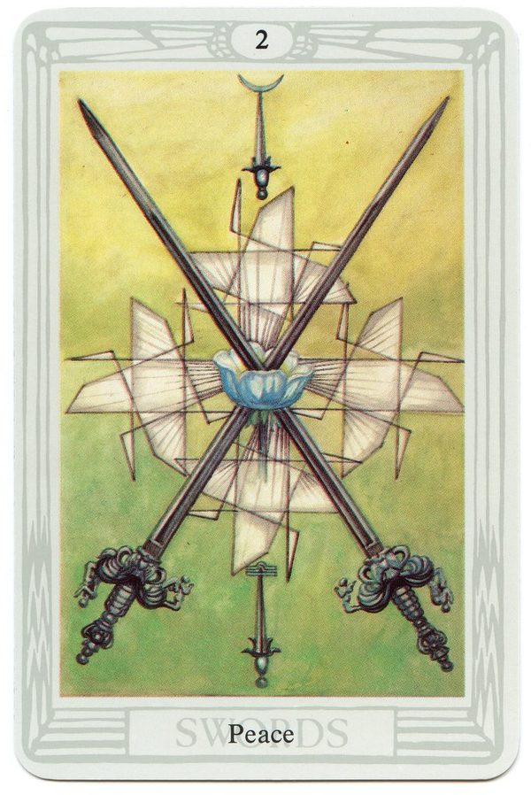 Two of Swords (Peace), Thoth Tarot. Two swords cross through a blue five-petalled rose; the sky is calm and small pinwheels of energy turn in the corners.