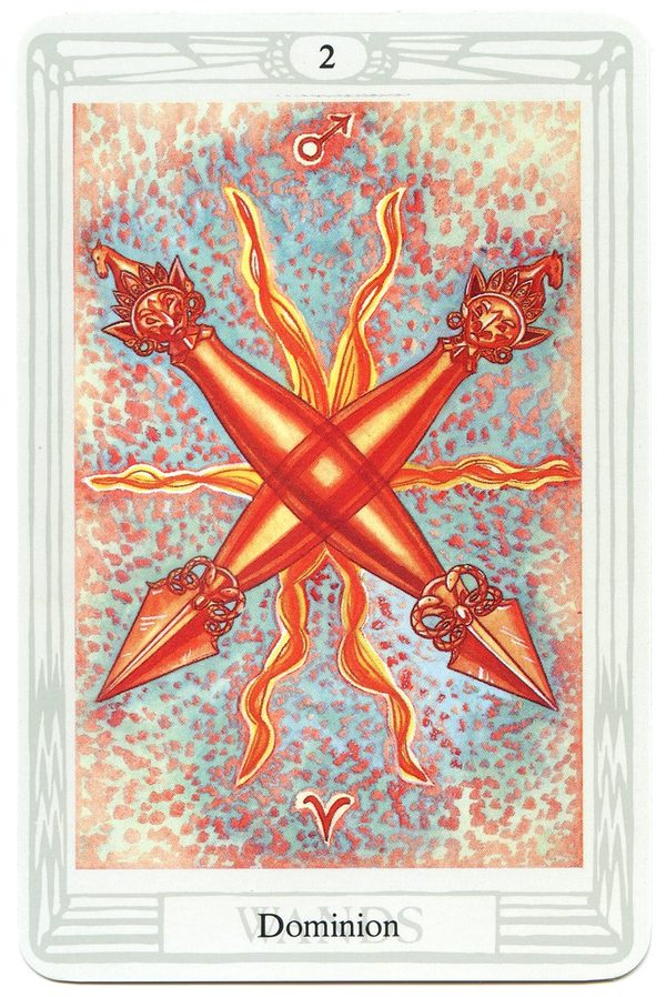 Two of Wands (Dominion), Thoth Tarot. Two Tibetan dorjes, the thunderbolt-sceptres, cross over a field of flames. The card is simple and forceful.