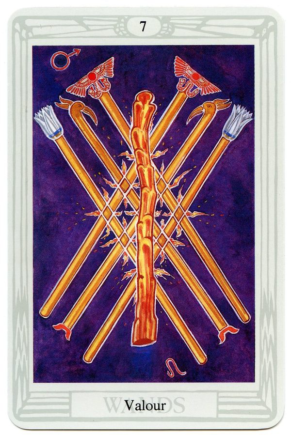 Seven of Wands (Valour), Thoth Tarot. The six ordered wands of Victory are overlaid by a crude club, and the flames have become disordered.