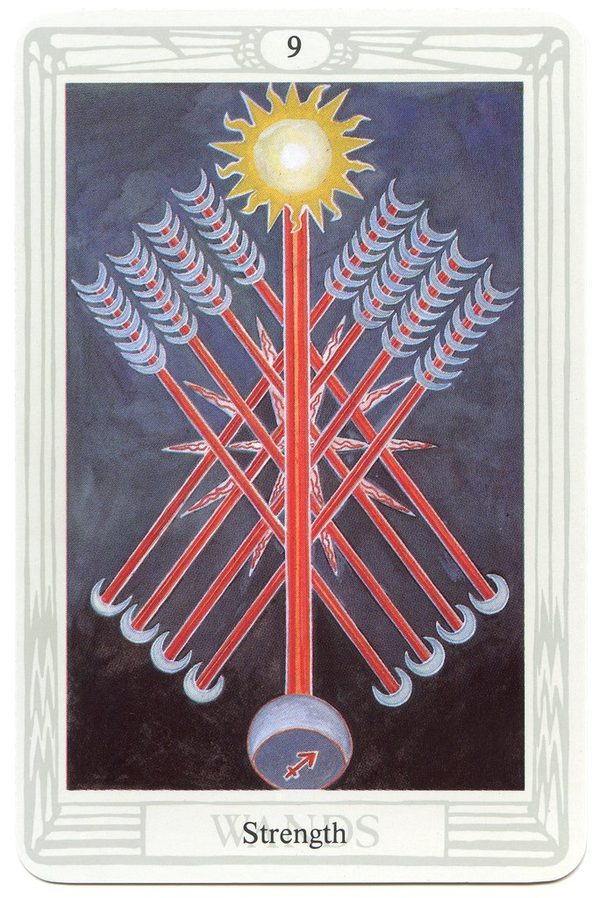 Nine of Wands (Strength), Thoth Tarot. A single great arrow, its head the sun and its feather the moon, is flanked by eight smaller arrows; the whole is steady and vertical.